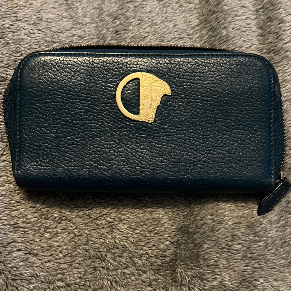 Versace Collection Blue Wallet with Gold Medusa Logo